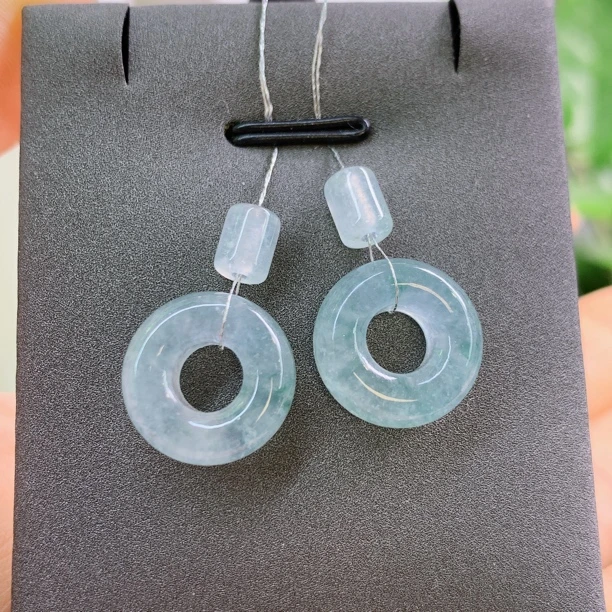 缅甸天然翡翠A货冰飘花甜甜圈一对A200#