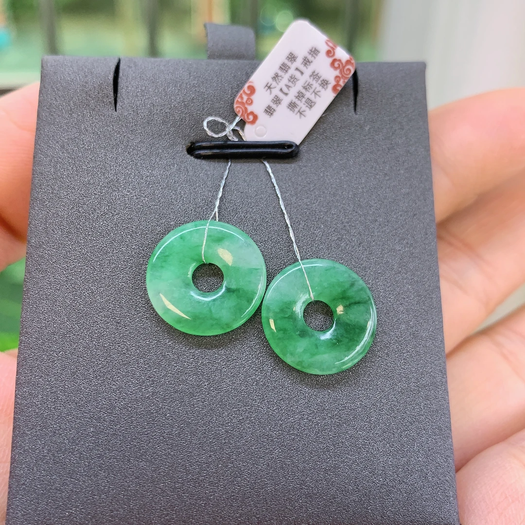 缅甸天然翡翠A货冰飘绿甜甜圈一对K5P30464