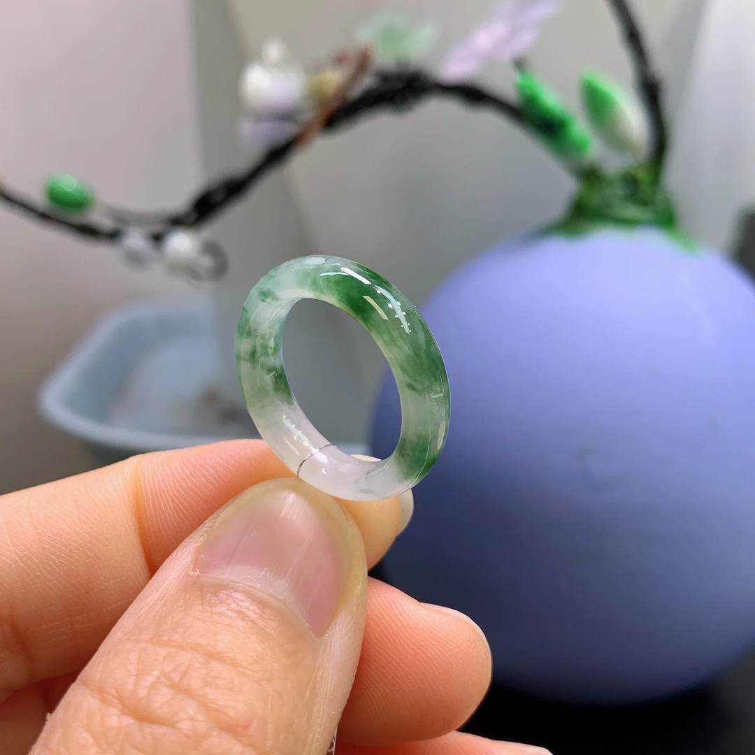 9-10圈口缅甸天然翡翠A货冰飘花戒指H05#