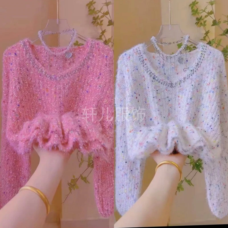 慵懒重工设计感彩点毛衣2024秋冬新款钉珠套头短款加厚上衣针织衫