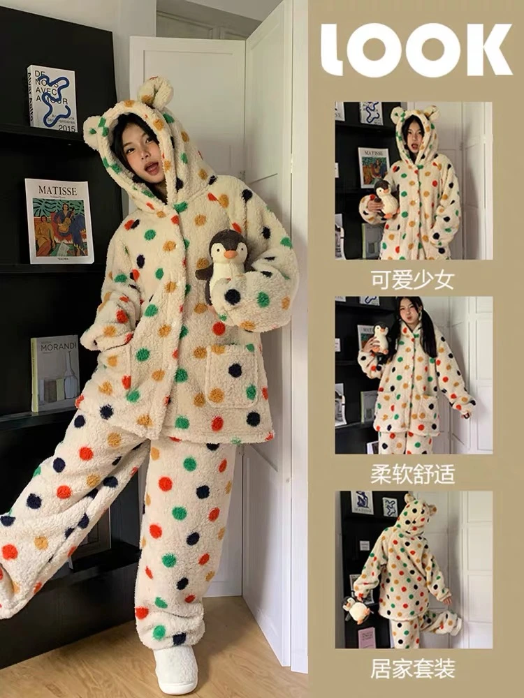 睡衣少女秋冬季新款珊瑚绒加厚网红彩色波点可爱连帽家居服套装