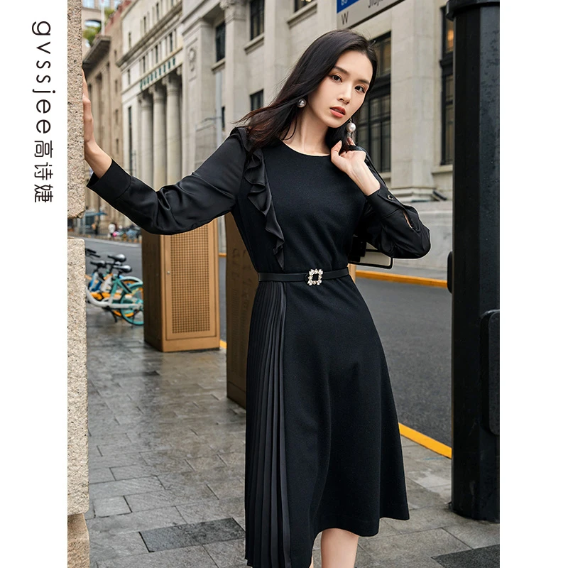 高诗婕秋季新款商场同款女士压褶气质拼接连衣裙243561117-61