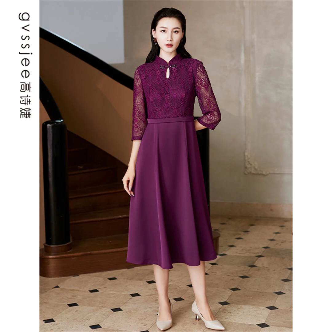 高诗婕秋季新款收腰气质别致醋酸蕾丝中式连衣裙223266061-91