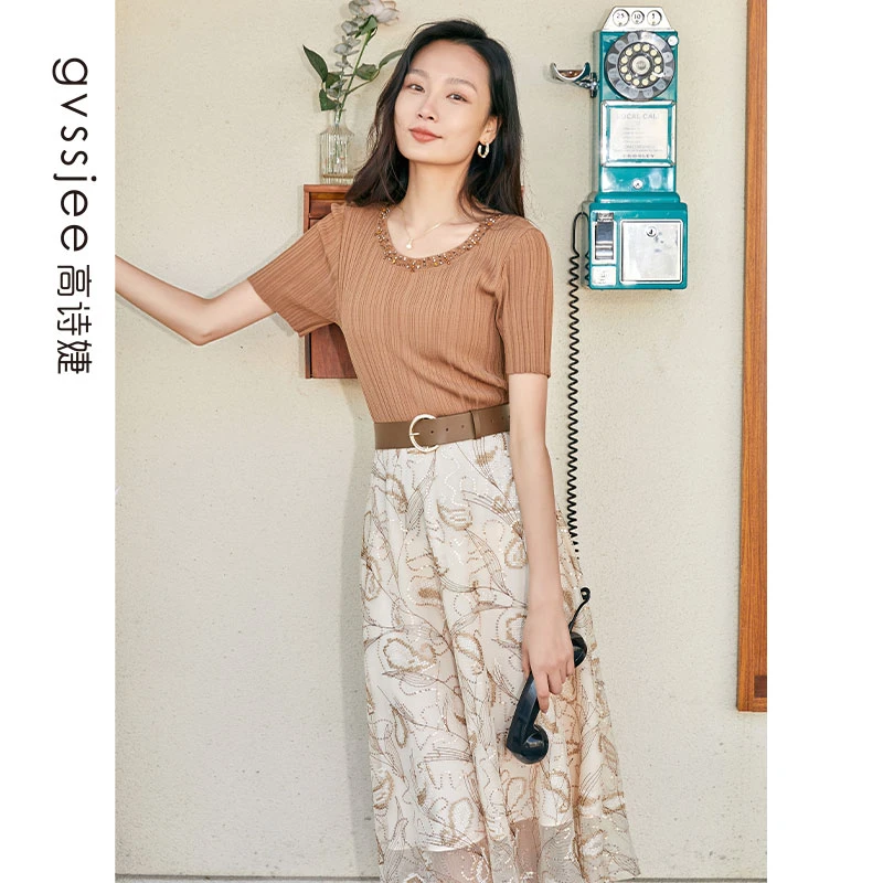 高诗婕夏季显瘦a字刺绣半裙中长款网纱半身裙女232571155-80