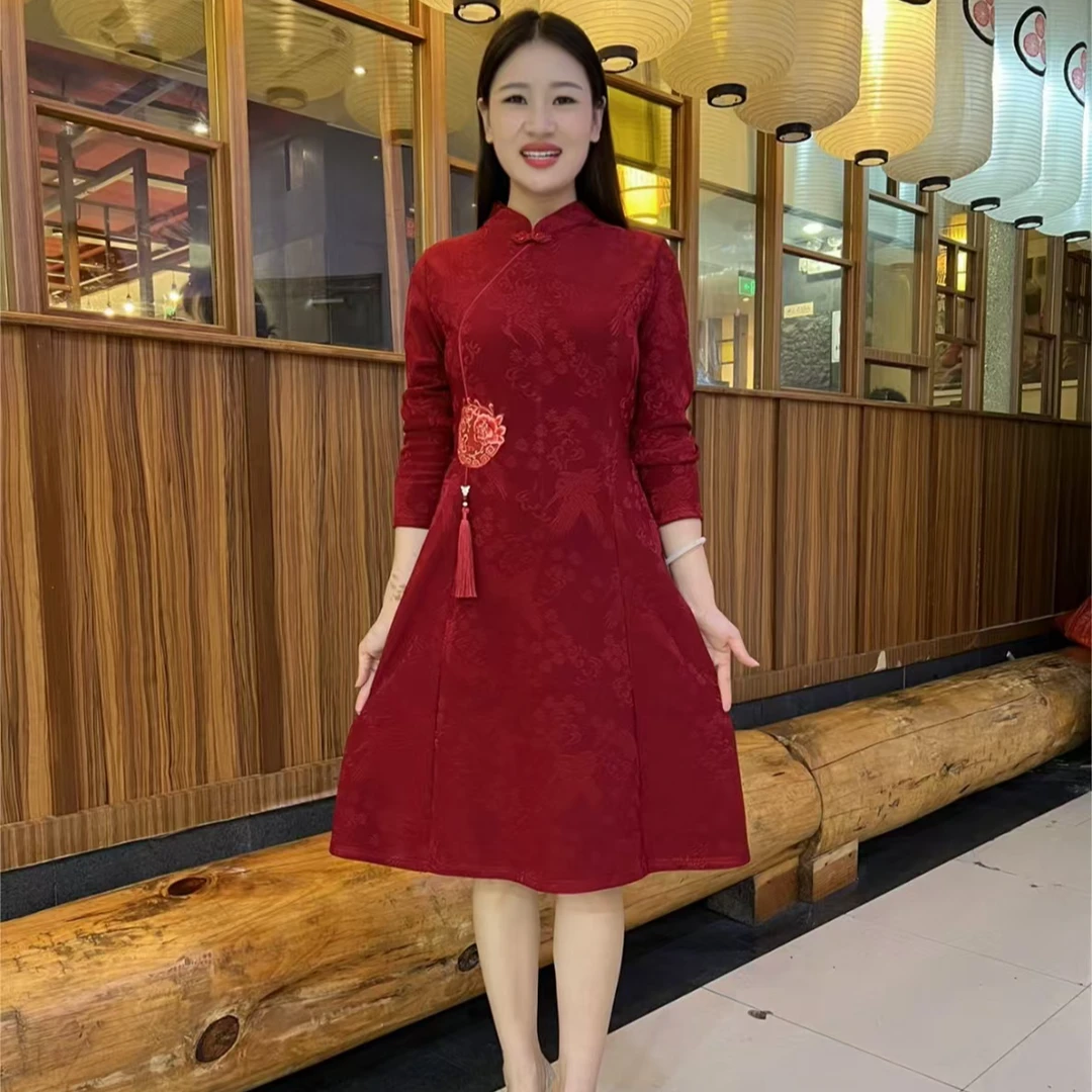 2024冬季加绒加厚打底气质长袖旗袍女士妈妈装