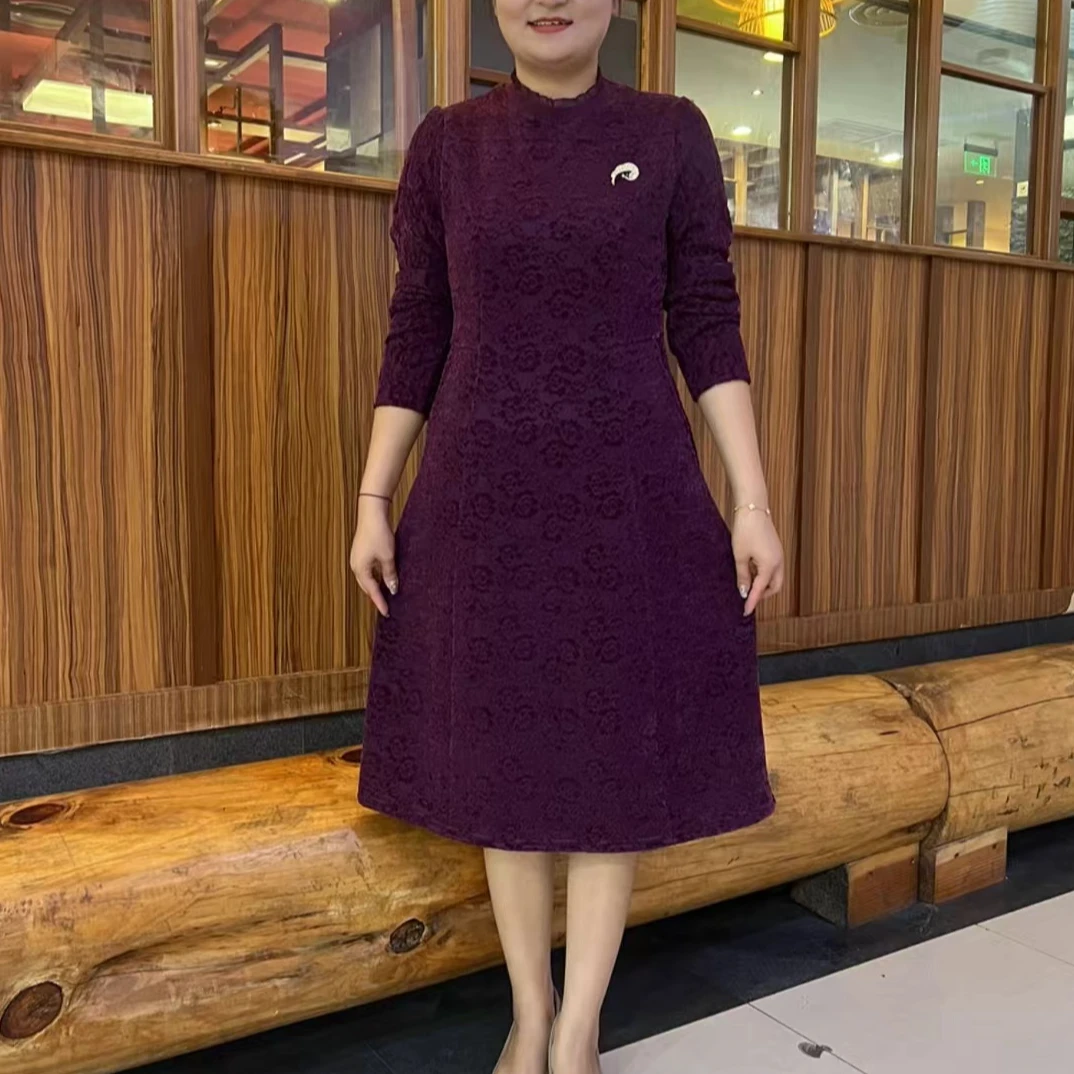 24年新款长袖加厚时尚气质显瘦中长款打底妈妈装连衣裙