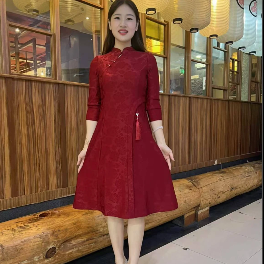 2025春季显瘦复古打底气质长袖旗袍女士妈妈装