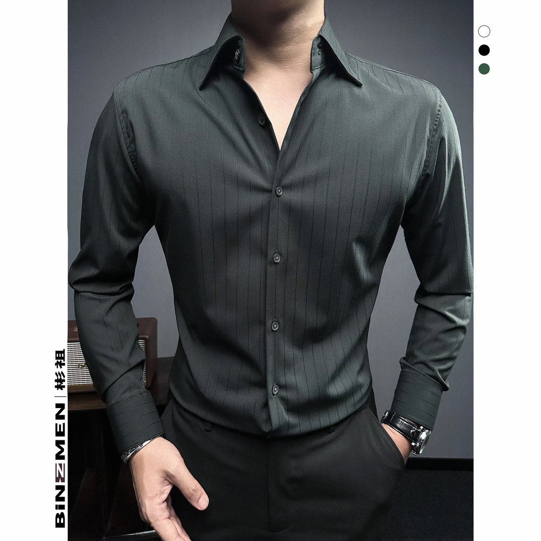法式尖领帅气男士衬衫痞帅高级感轻奢男装修身早秋衬衫长袖衬衣男