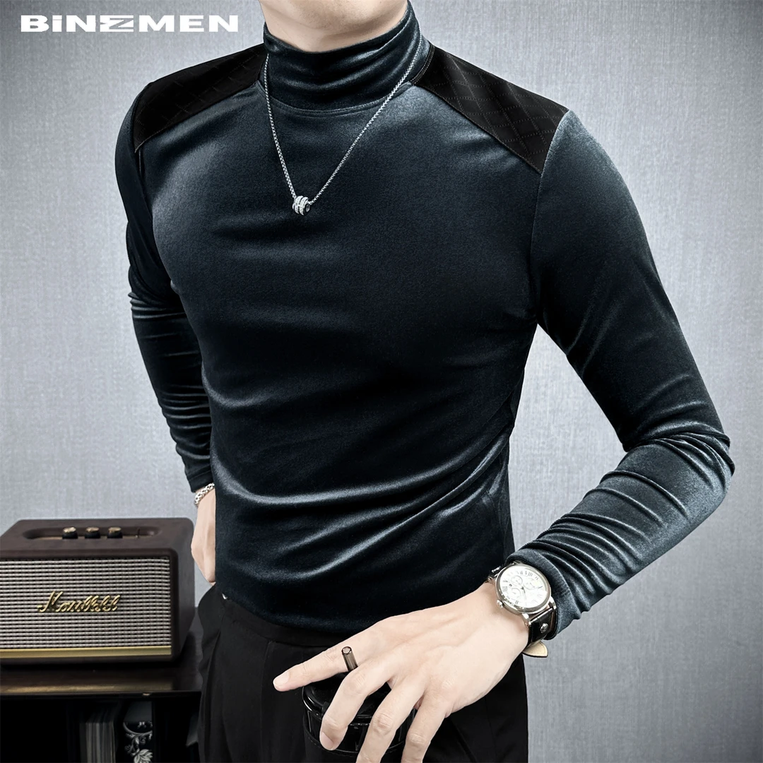痞帅气场拼皮半高领打底衫男款金丝绒轻奢男装男士t恤长袖秋冬款