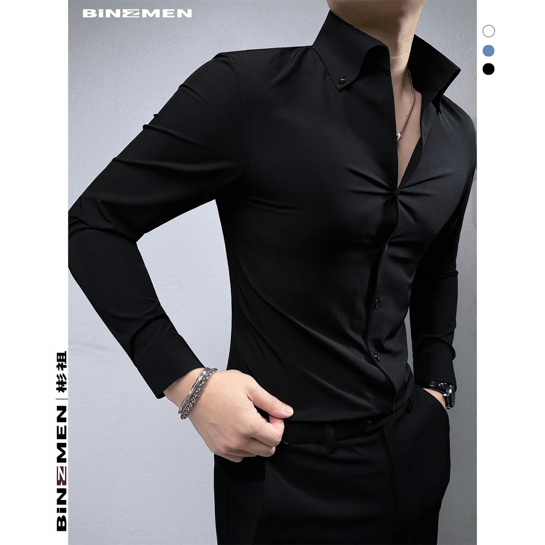 法式大V领男士衬衫长袖商务男装轻奢高级感秋季修身黑色衬衣外套