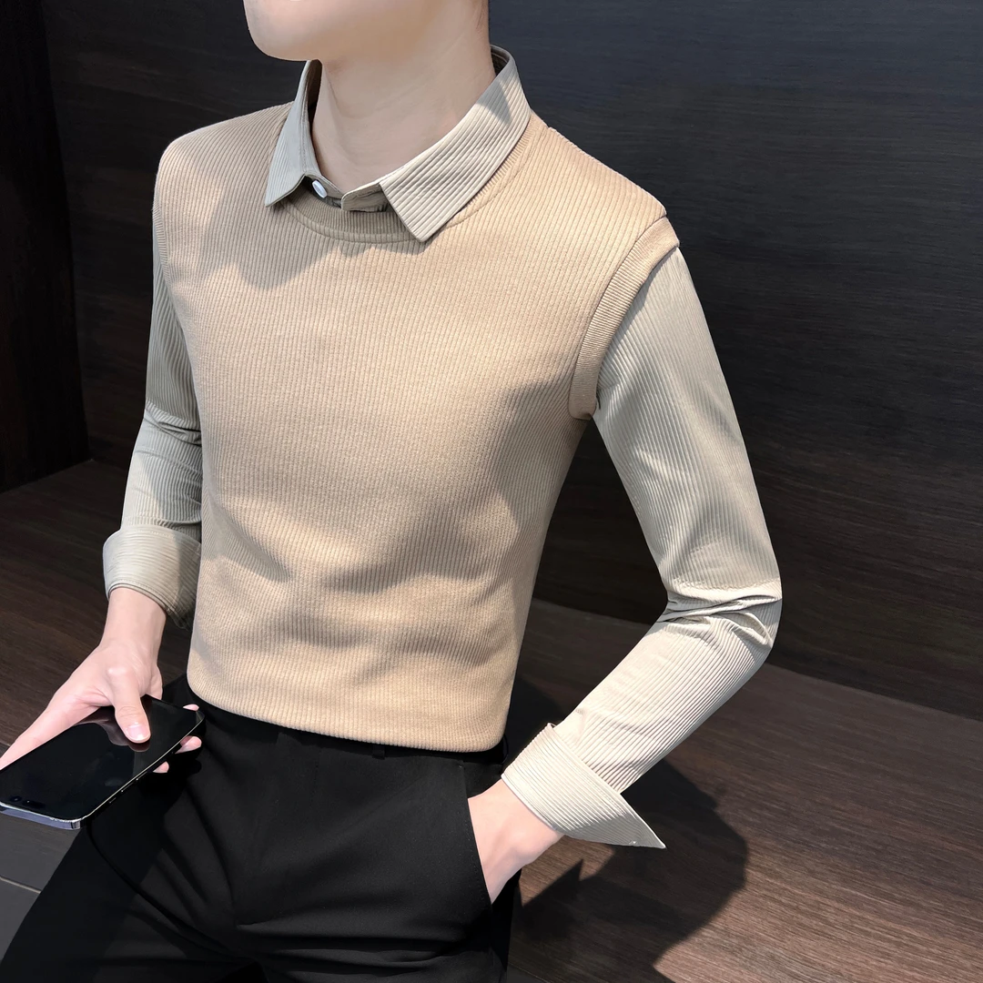 衬衫领假两件毛衣男款冬季2023新款男装商务休闲修身美拉德针织衫