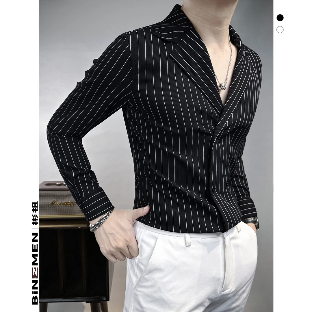 条纹绅士古巴领衬衫男款痞帅气质性感双排扣男士衬衣长袖商务男装