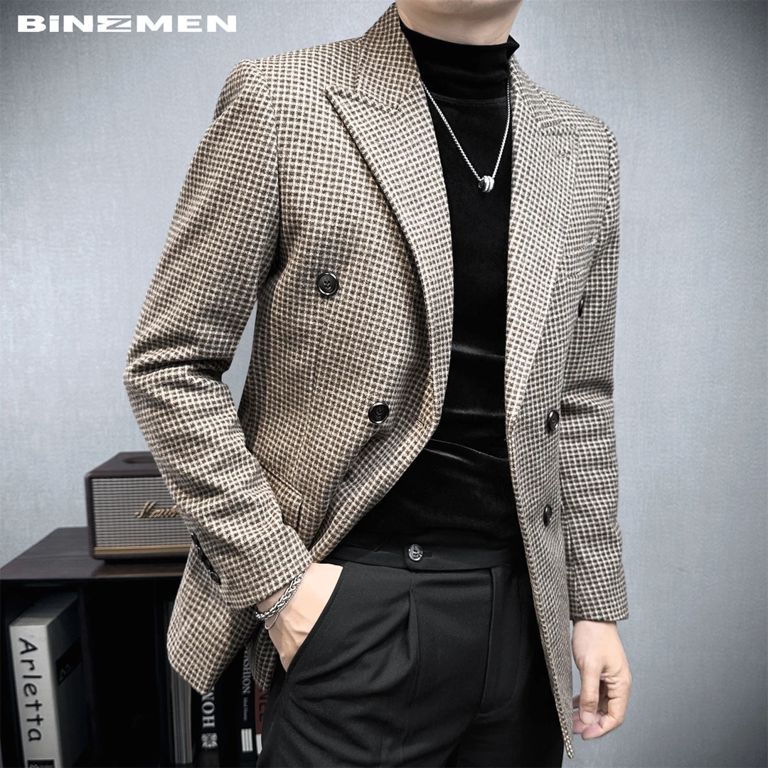 雅痞布雷泽西装外套男款痞帅高级感男装千鸟格双排扣戗驳领西服男