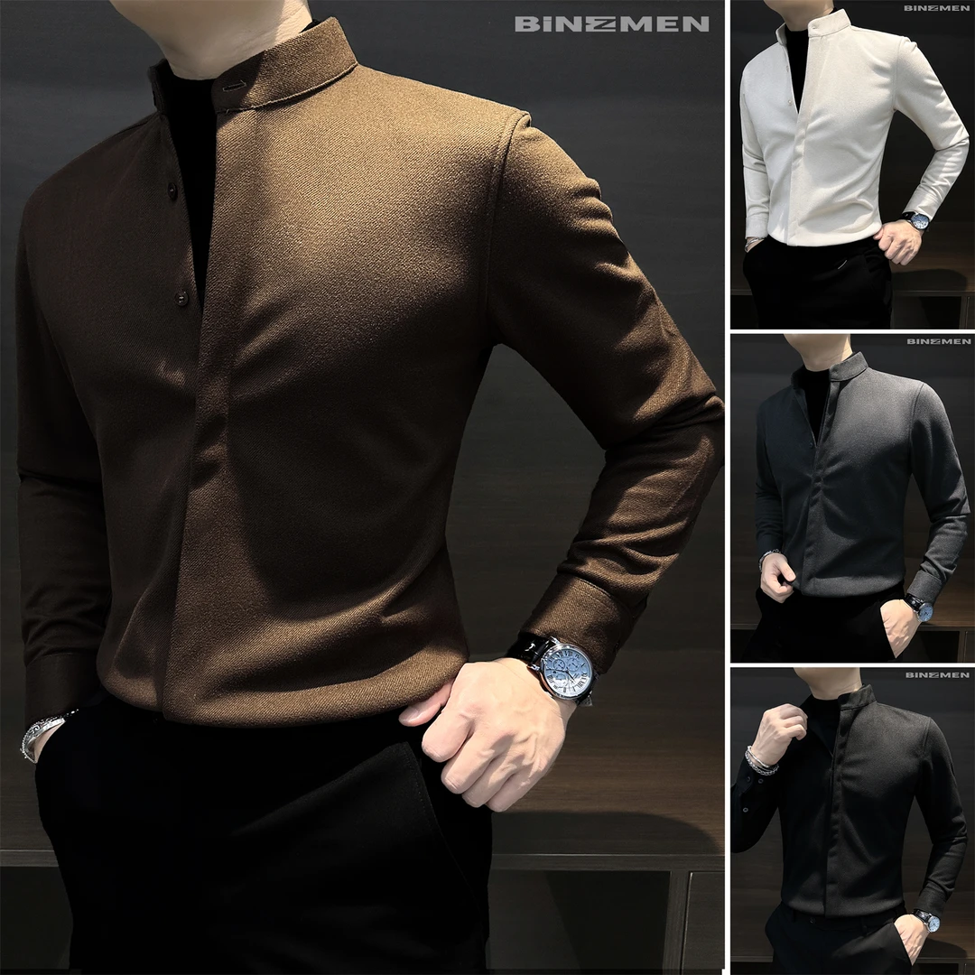 立领毛呢轻奢男装高端衬衣长袖秋冬加厚保暖痞帅风假两件衬衫男款