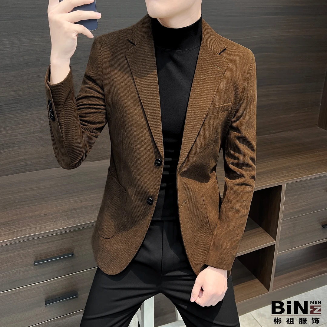 复古灯芯绒男士小西装外套潮流修帅休闲西服上衣男英伦雅痞风男装