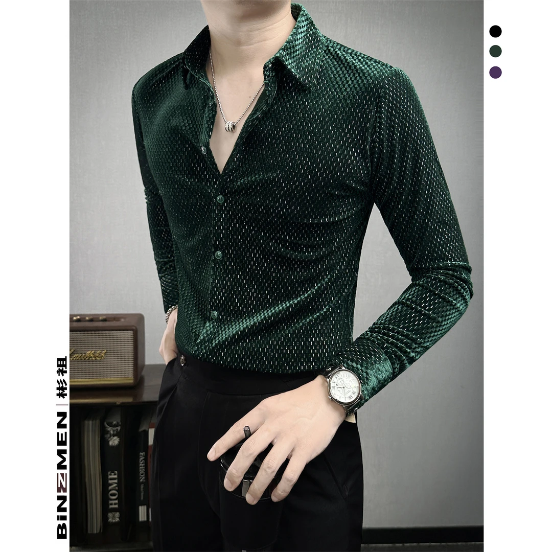 痞帅绒面亮片衬衫男款长袖夜店潮牌男装加绒保暖搭子衬衣宴会礼服