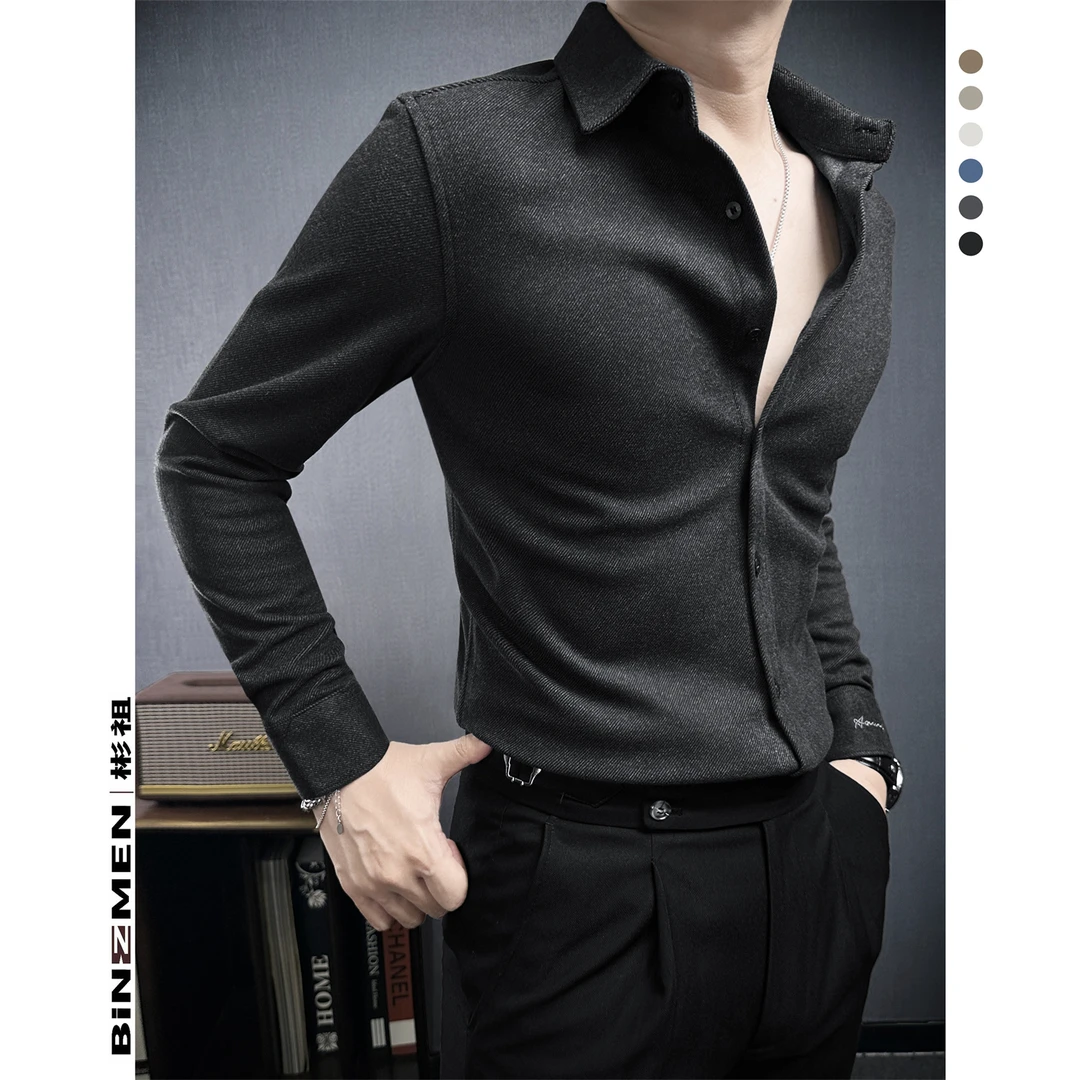 加厚毛呢男士衬衫男款长袖复古成熟痞帅衬衣内搭轻奢高级感男装