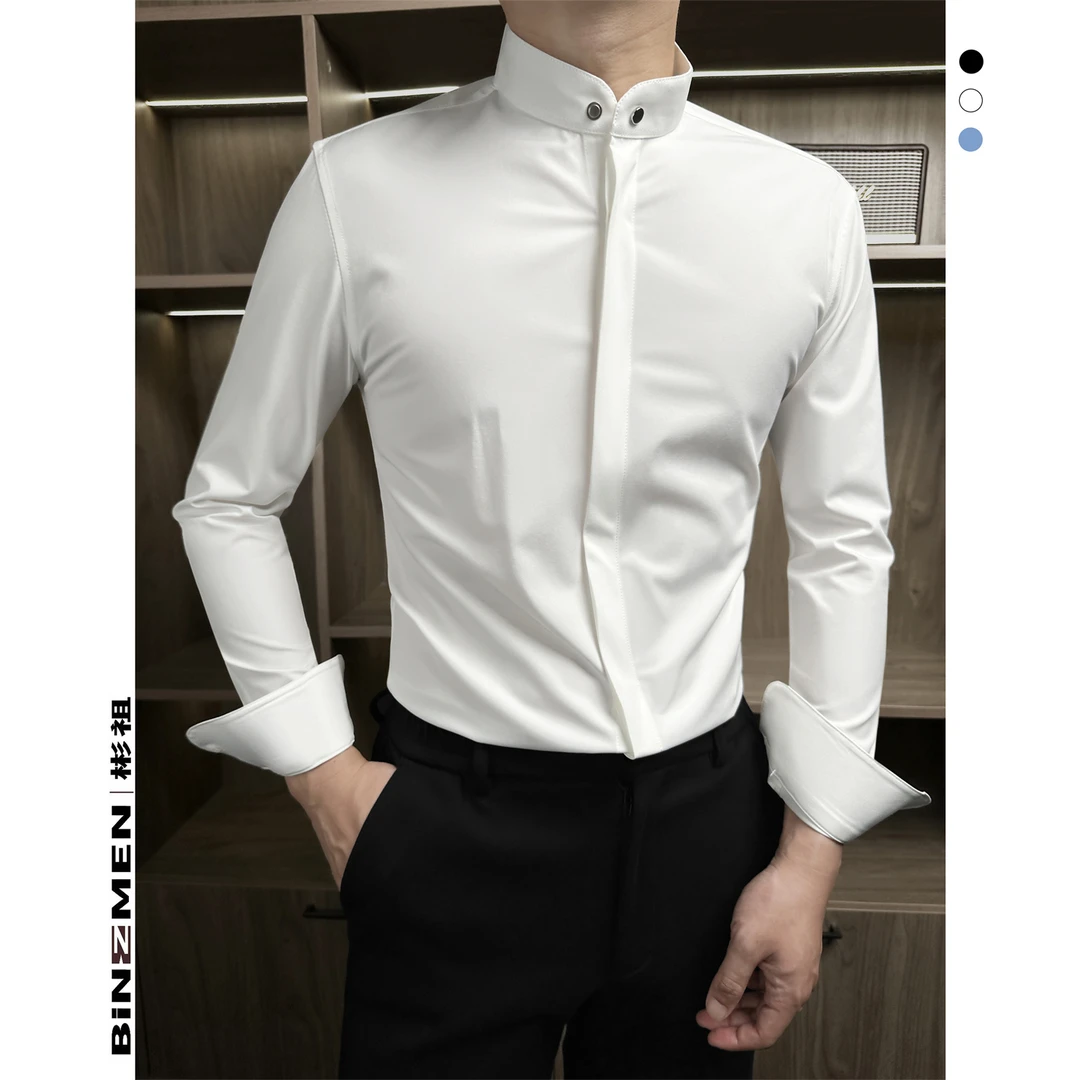 国潮极简衬衫男款长袖立领白衬衣男正装高级感男装中国风男士上衣