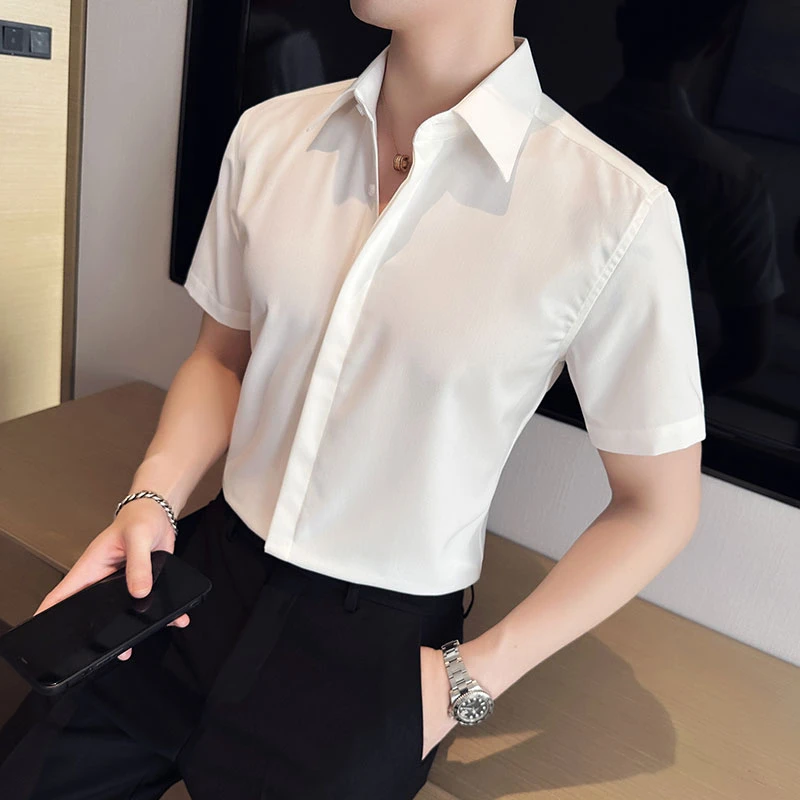 夏季新款短袖衬衫男暗门襟尖领轻奢男装商务休闲高端痞帅白色衬衣