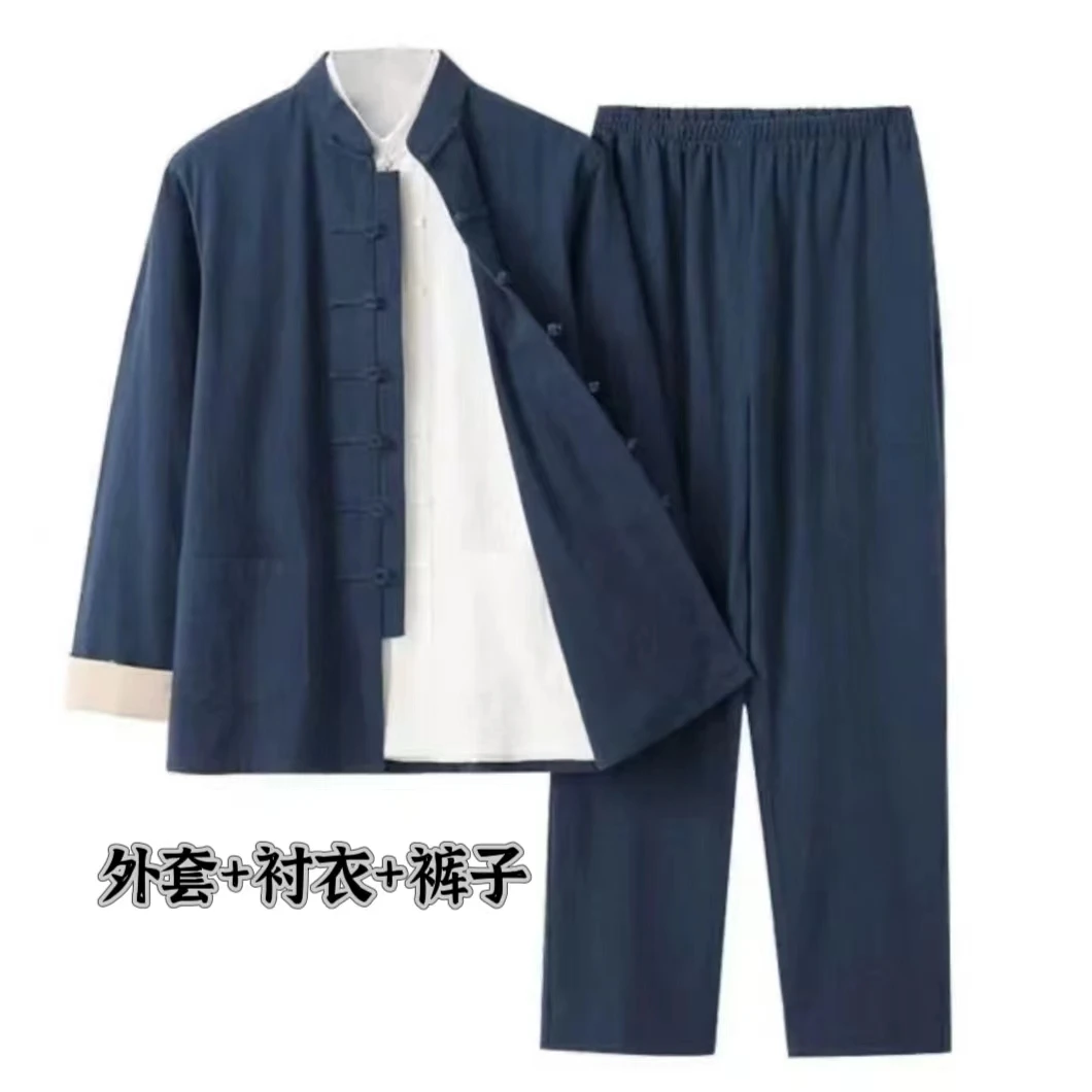 【初夏】唐装男士棉麻挽袖长袖套装中式中国风盘扣对襟外套装复古风