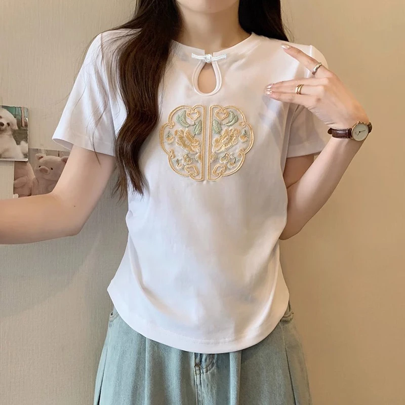 95%棉新中式国风盘扣刺绣短袖T恤女夏新款显瘦洋气设计感显瘦上衣