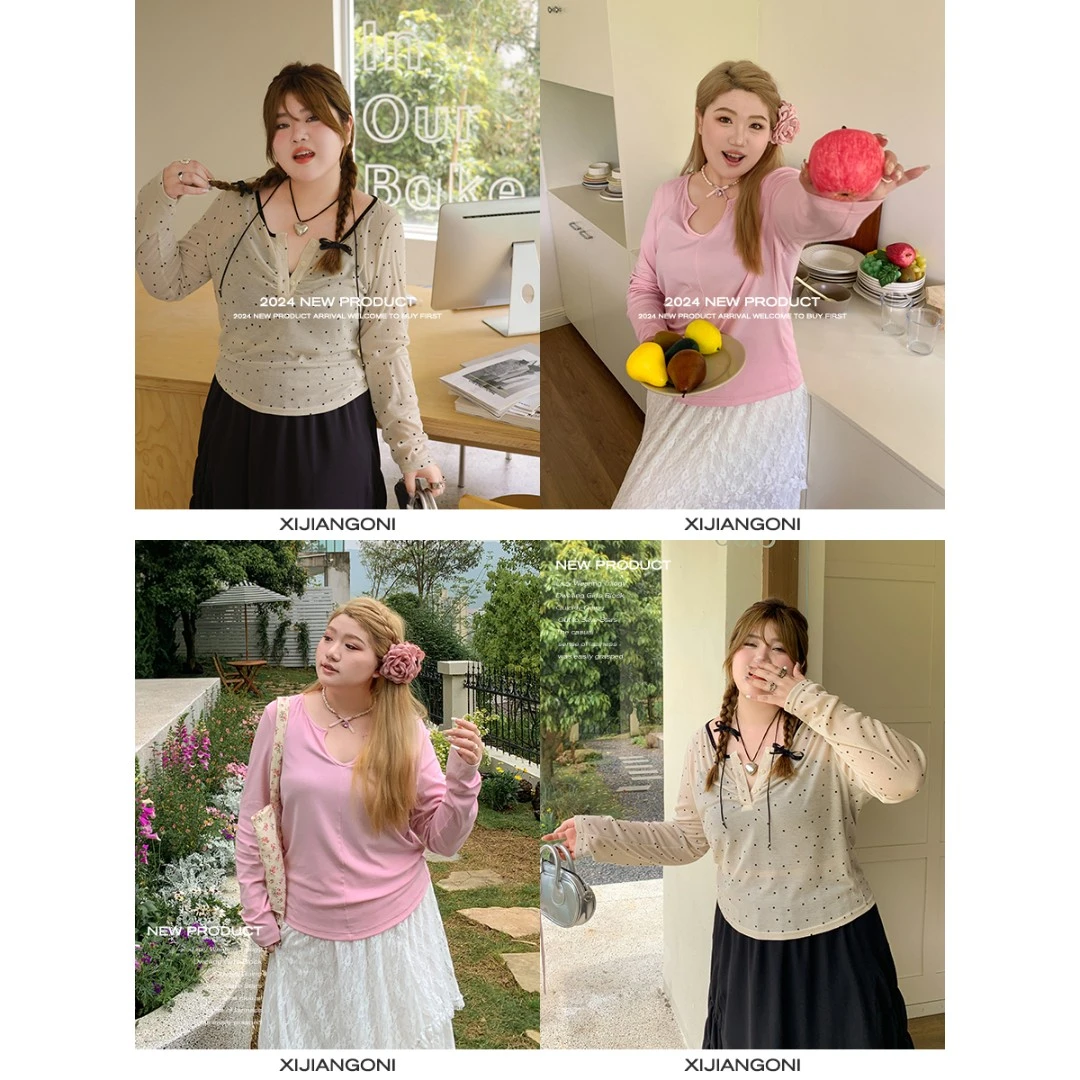 希酱欧尼  胖mm初夏新款纯欲微辣显瘦圆拼V领小衫内搭美背套装女