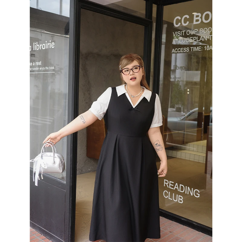 希酱欧尼【小魔女】夏季新款显瘦遮肚设计感撞色拼接假两件小黑裙