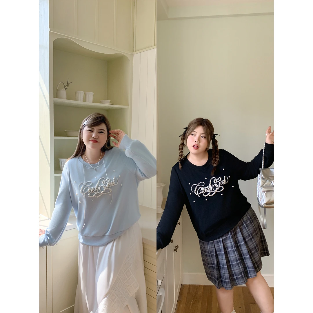 希酱欧尼 秋季新款大码宽松显瘦休闲学院风珍珠设计圆领卫衣女