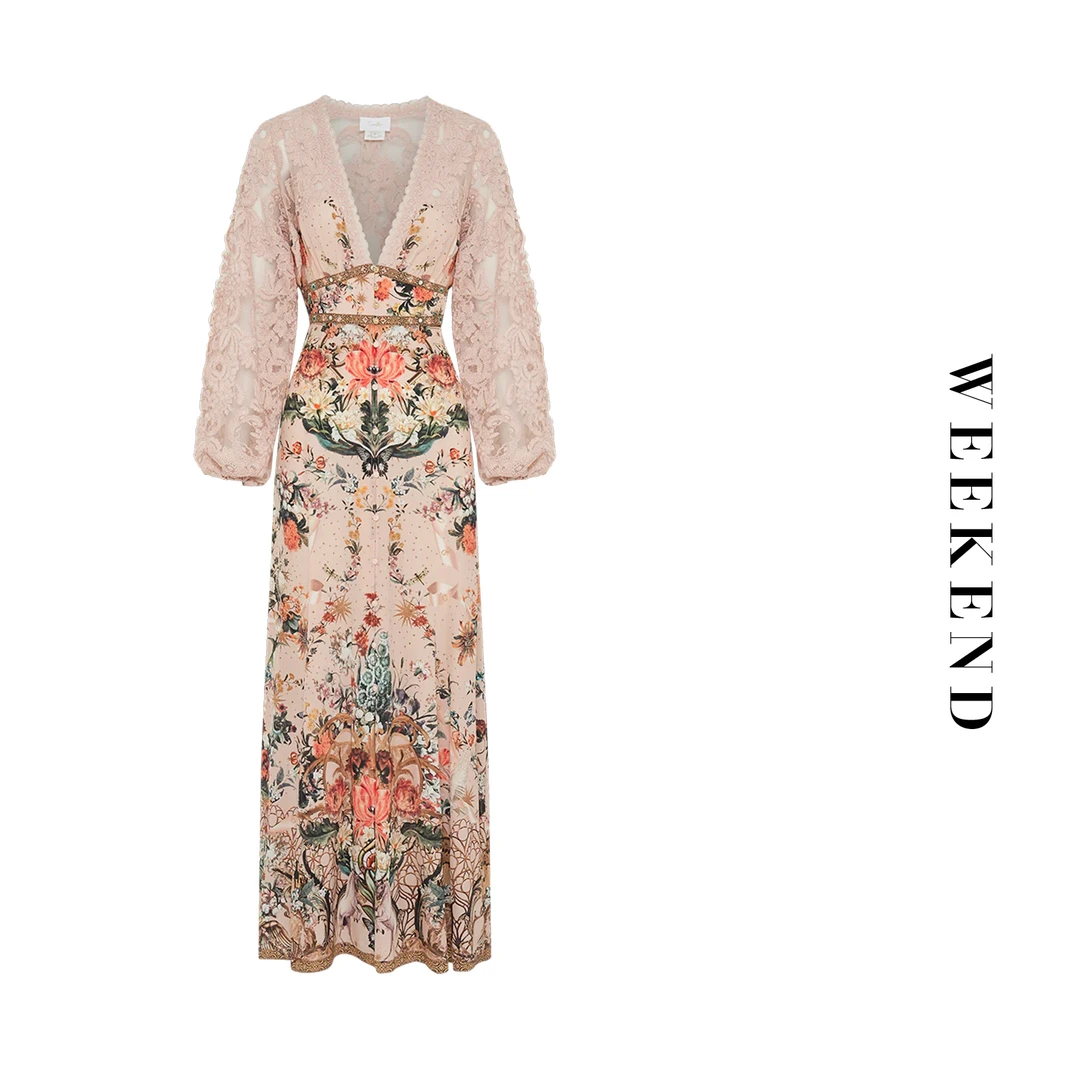 卡米拉V领轻奢蕾丝烫钻长袖长款夏季连衣裙B1081