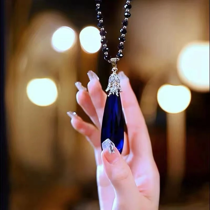非金属仿水晶项链 复古长款蓝色茄子吊坠毛衣链M131百搭气质时尚