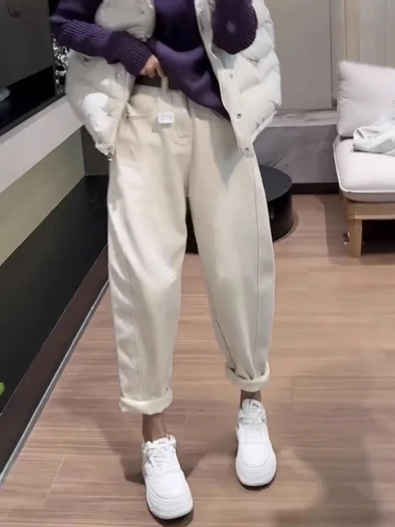 梨形显瘦大码哈伦老爹牛仔裤子女2024年冬季新款加绒加厚高腰弹力