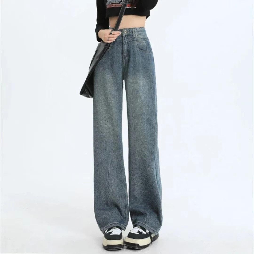 7051--高腰直筒麦穗牛仔裤女大码胖mm新款遮胯显瘦宽松阔腿时尚