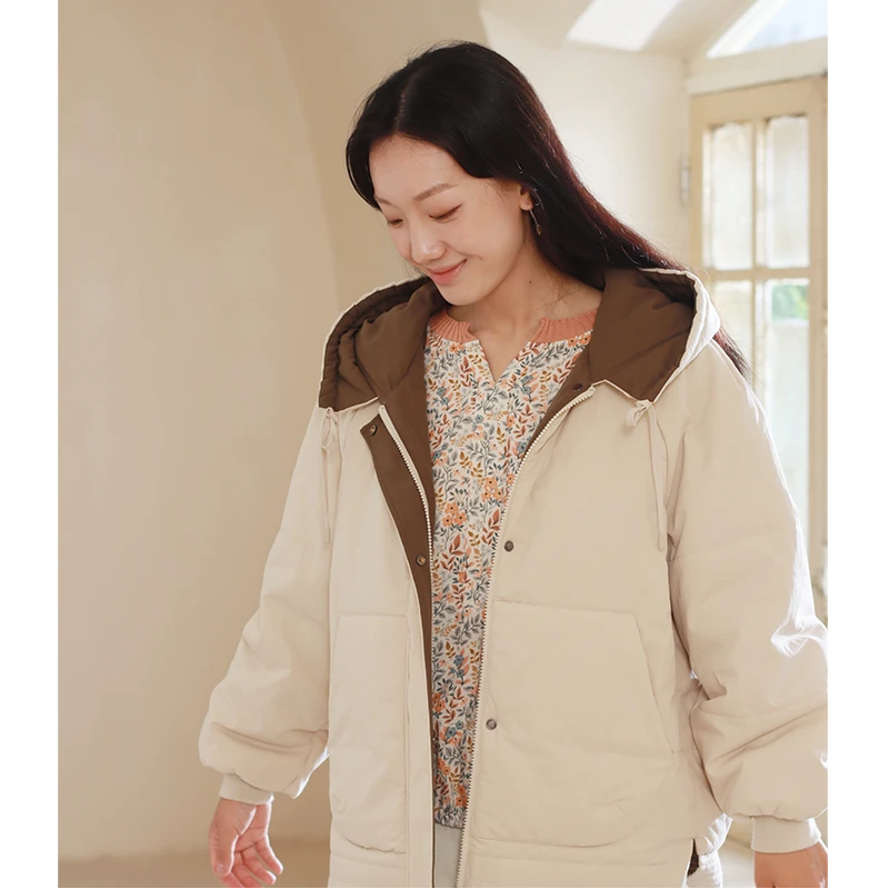 无色无味2024冬季棉质宽松纯色保暖撞色里衬连帽休闲棉服外套