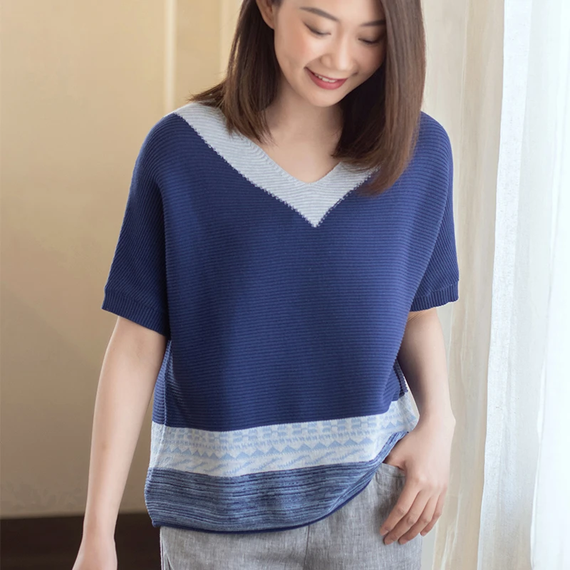 WUSEWUWEI/无色无味别致慵懒宽松通勤气质条纹蓝短袖针织衫女薄款
