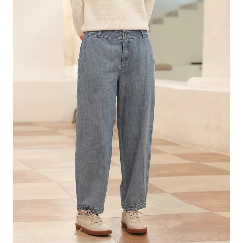 WUSEWUWEI/无色无味【蜜意生活】丹宁蓝复古休闲拼接牛仔萝卜裤