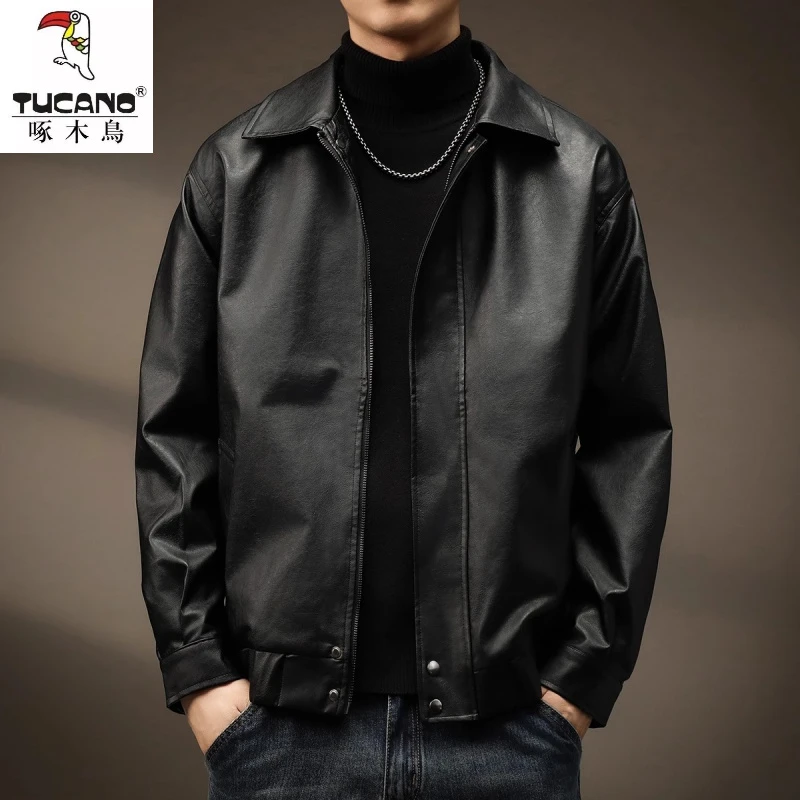 高端美式复古机车PU皮衣男2025秋季新款宽松痞帅飞行黑色夹克外套