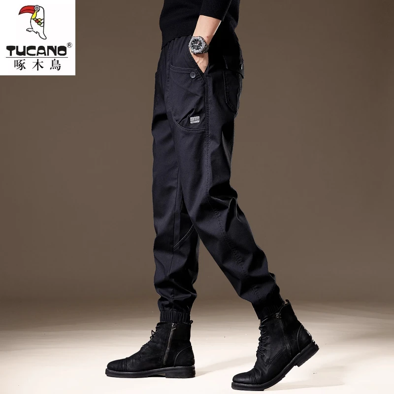 高端美式重磅休闲工装裤子男冬季新款宽松大码直筒束脚长裤男加绒