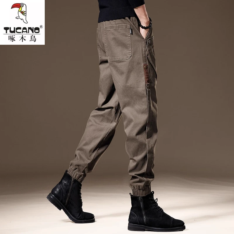 美式复古设计感排扣工装休闲裤男冬季加绒宽松大码束脚哈伦长裤男