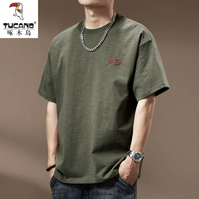 啄木鸟300g美式重磅短袖t恤男士夏季简约宽松百搭纯棉透气半袖男