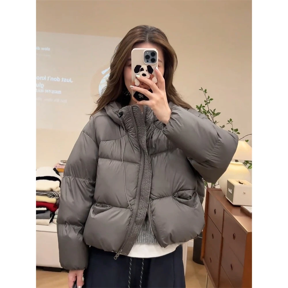 韩系连帽短款休闲保暖外套女2024冬季新款小个子宽松加厚面包服潮