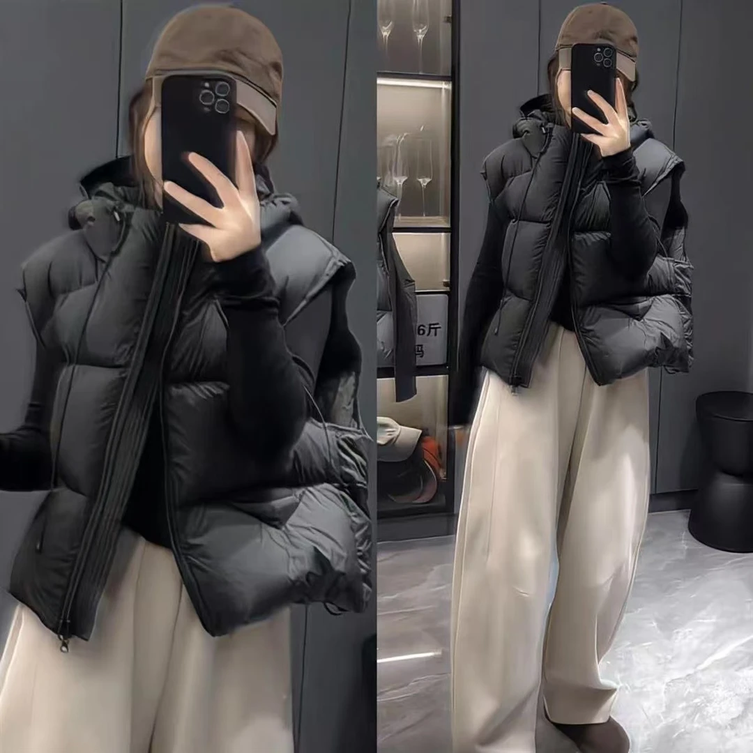 韩系马甲女短款连帽冬季新款2024韩宽松高级感小个子背心坎肩外套