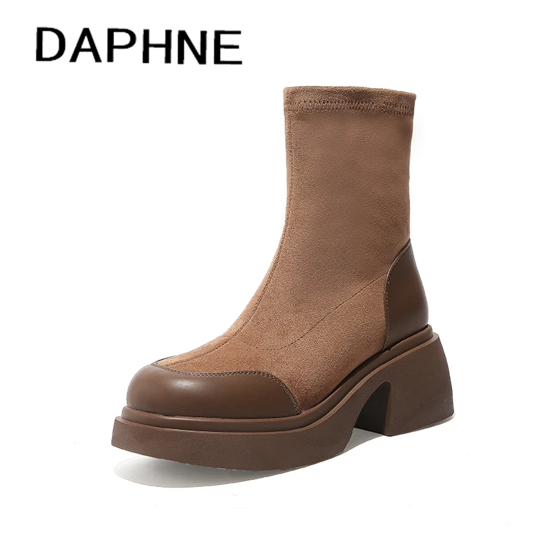 Daphne/达芙妮时尚厚底短靴弹力袜靴圆头英伦瘦瘦靴秋季女靴