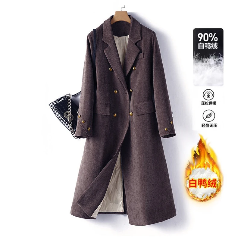 90白鸭绒毛呢大衣女2024冬装新款高级感气质羽绒加厚长款西装外套