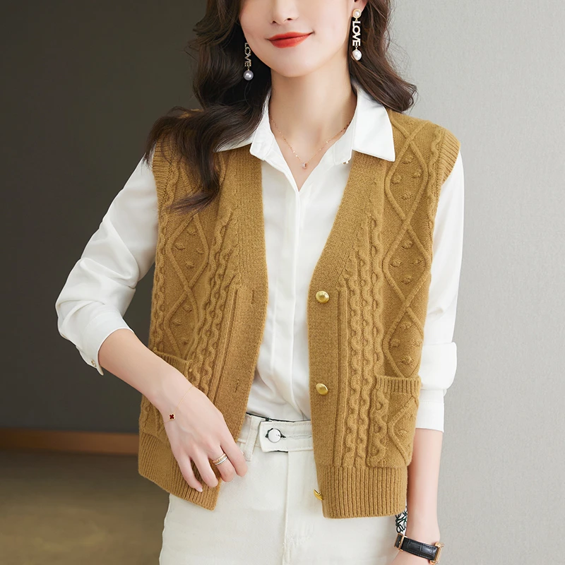 纯羊毛马甲女春秋短款百搭无袖毛衣开衫外套洋气时髦马夹背心外搭