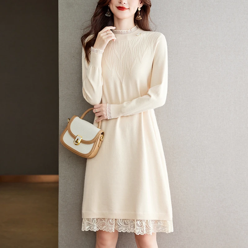 配大衣的内搭连衣裙冬季新款蕾丝针织打底裙显瘦气质毛衣裙中长款