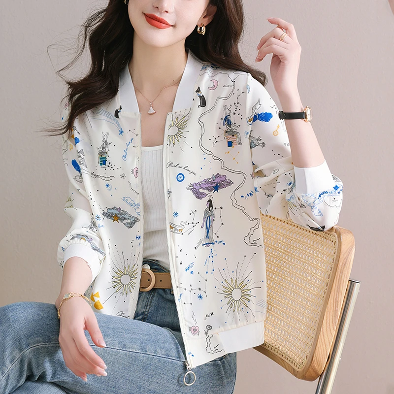 棒球服女士夏季薄款洋气印花开衫短款外套宽松休闲雪纺夹克防晒衣