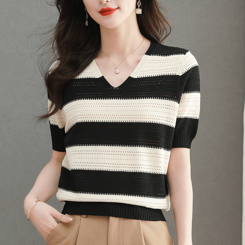 撞色条纹V领小衫气质小香风上衣2024新款夏季百搭薄款短袖T恤时尚