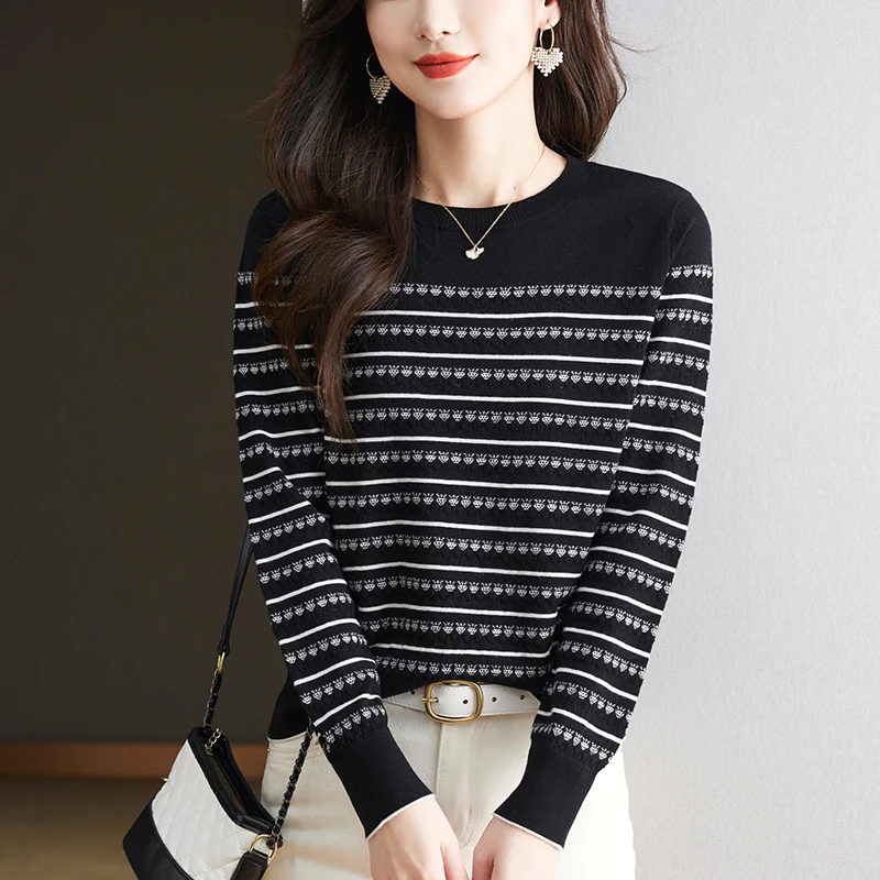 圆领条纹秋冬毛衣2025新款休闲时尚针织打底衫薄款宽松上衣女内搭