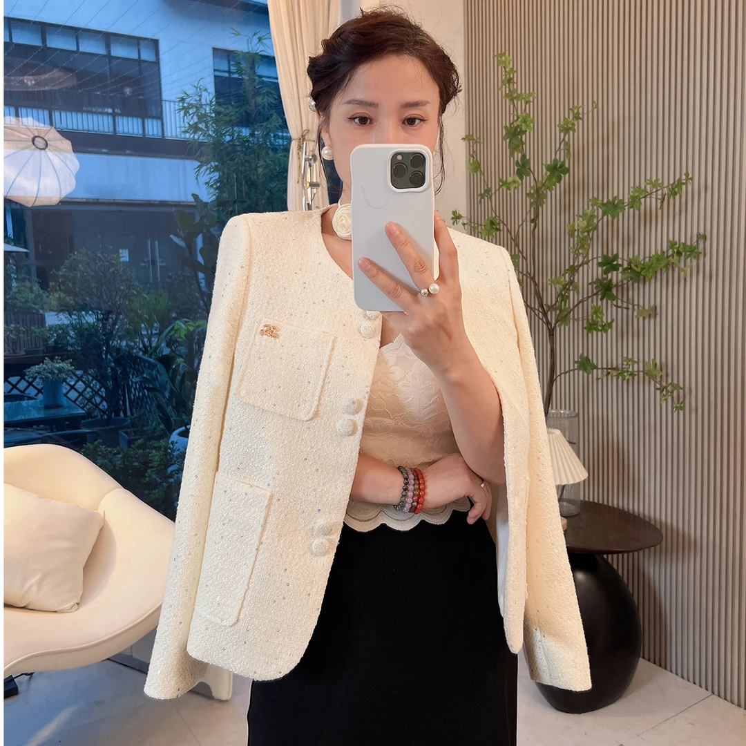 2024新款粗花呢轻奢亮片小香风外套女气质时尚秋季上衣女外套
