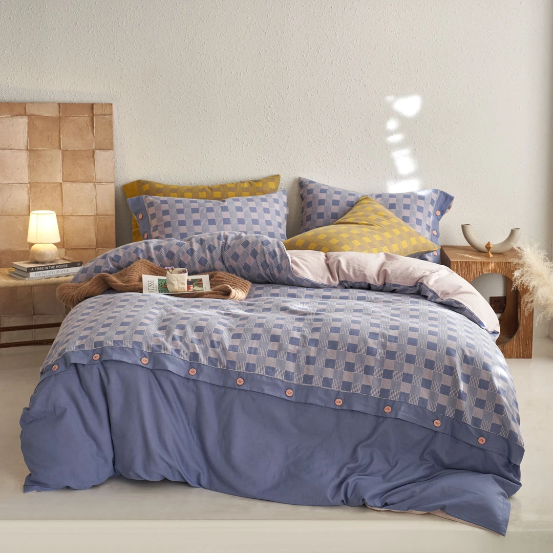 【田园刘娟-床品】双层纱色织埃菲尔拼接纽扣款四件套
